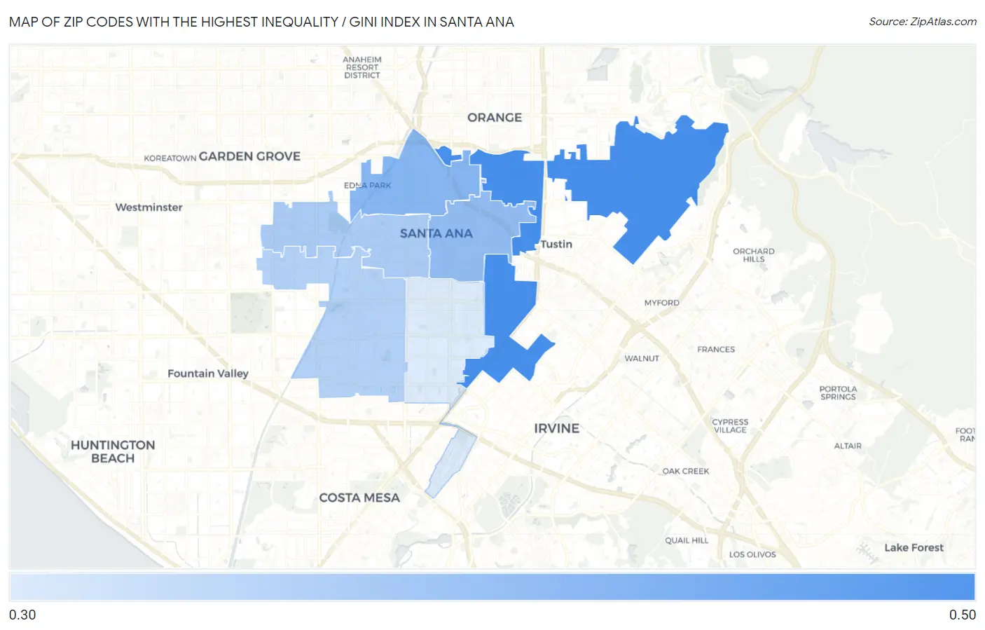 Zip Codes with the Highest Inequality / Gini Index in Santa Ana Map
