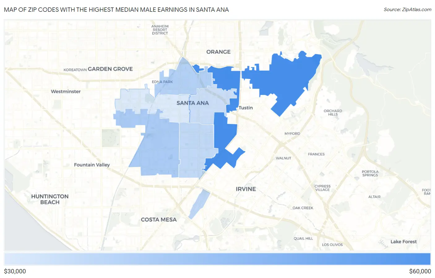 Zip Codes with the Highest Median Male Earnings in Santa Ana Map