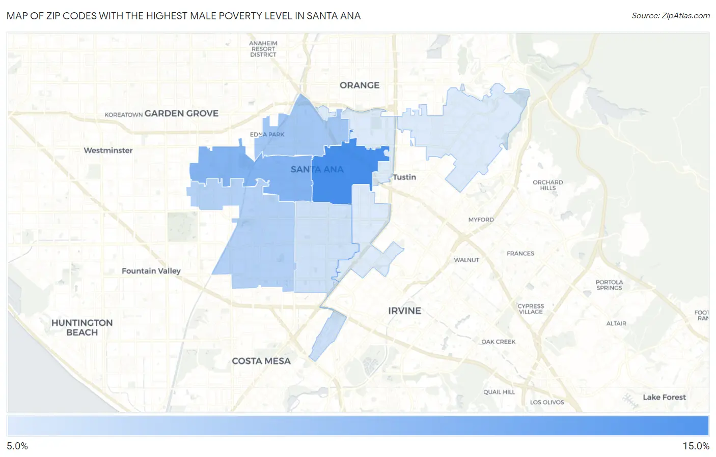 Zip Codes with the Highest Male Poverty Level in Santa Ana Map