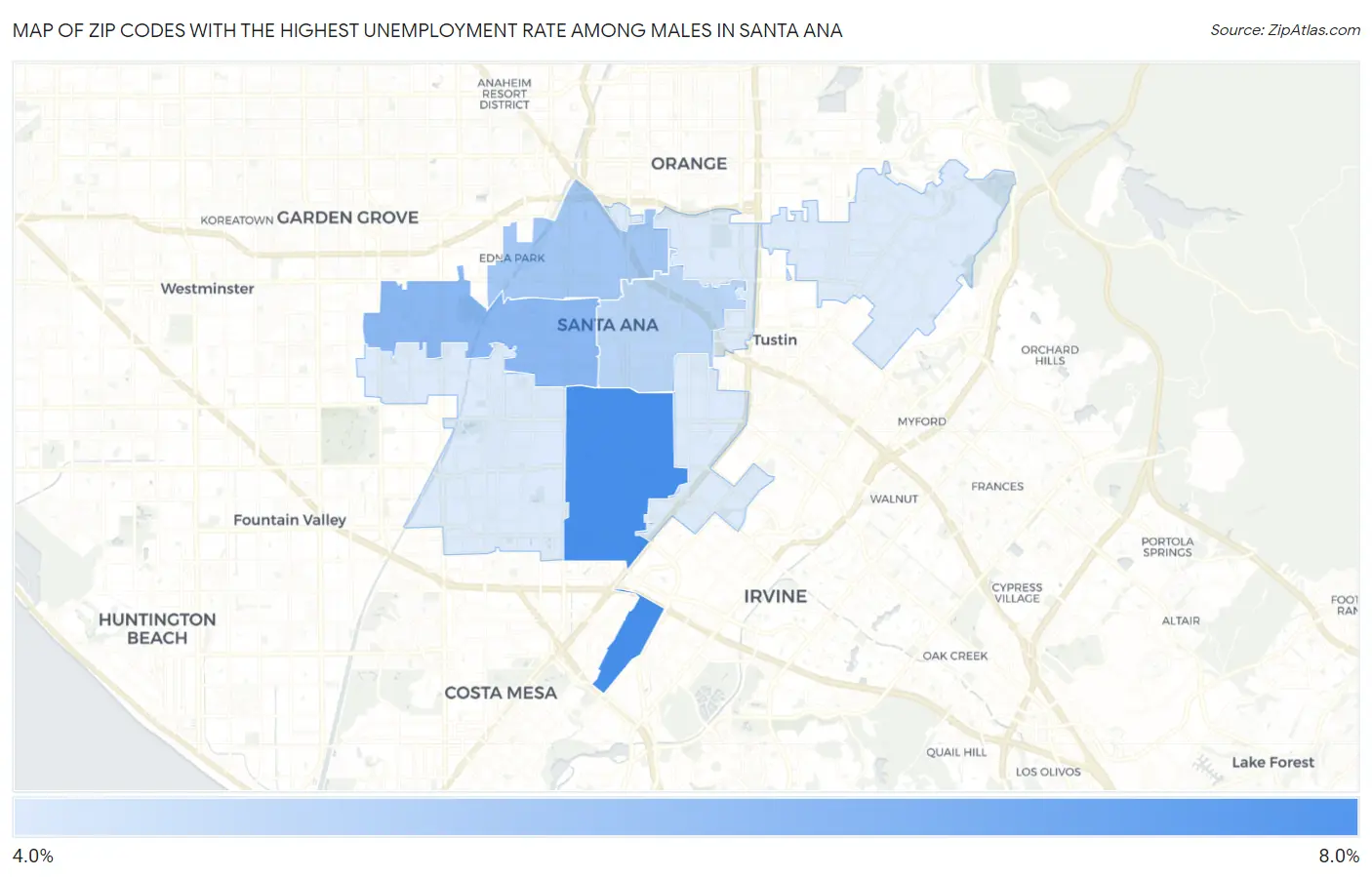 Zip Codes with the Highest Unemployment Rate Among Males in Santa Ana Map