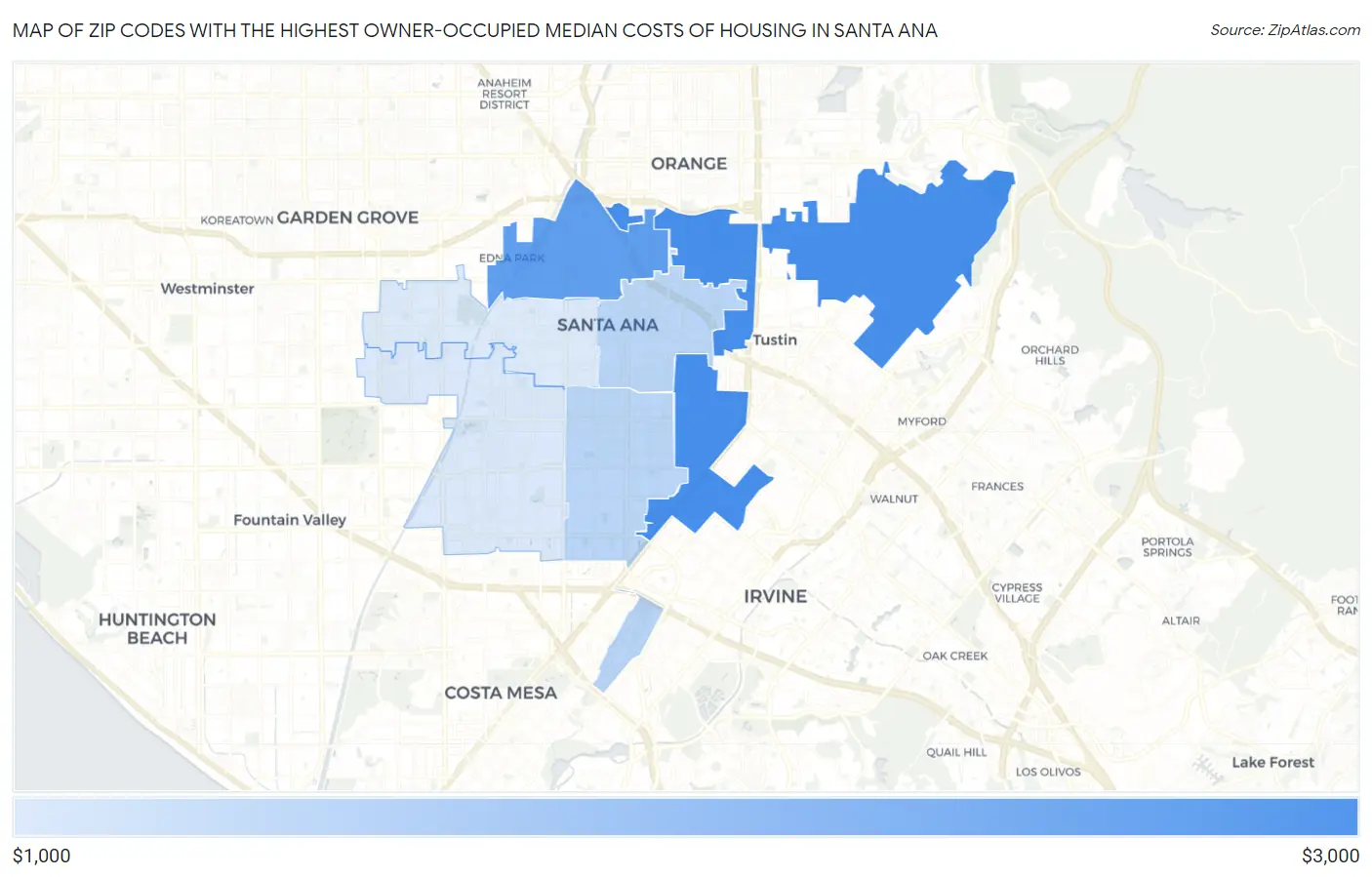 Zip Codes with the Highest Owner-Occupied Median Costs of Housing in Santa Ana Map