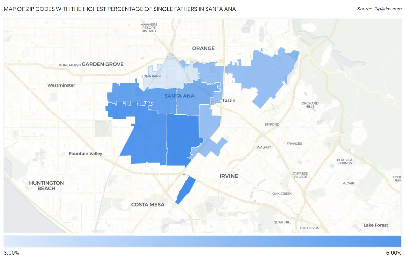Zip Codes with the Highest Percentage of Single Fathers in Santa Ana Map