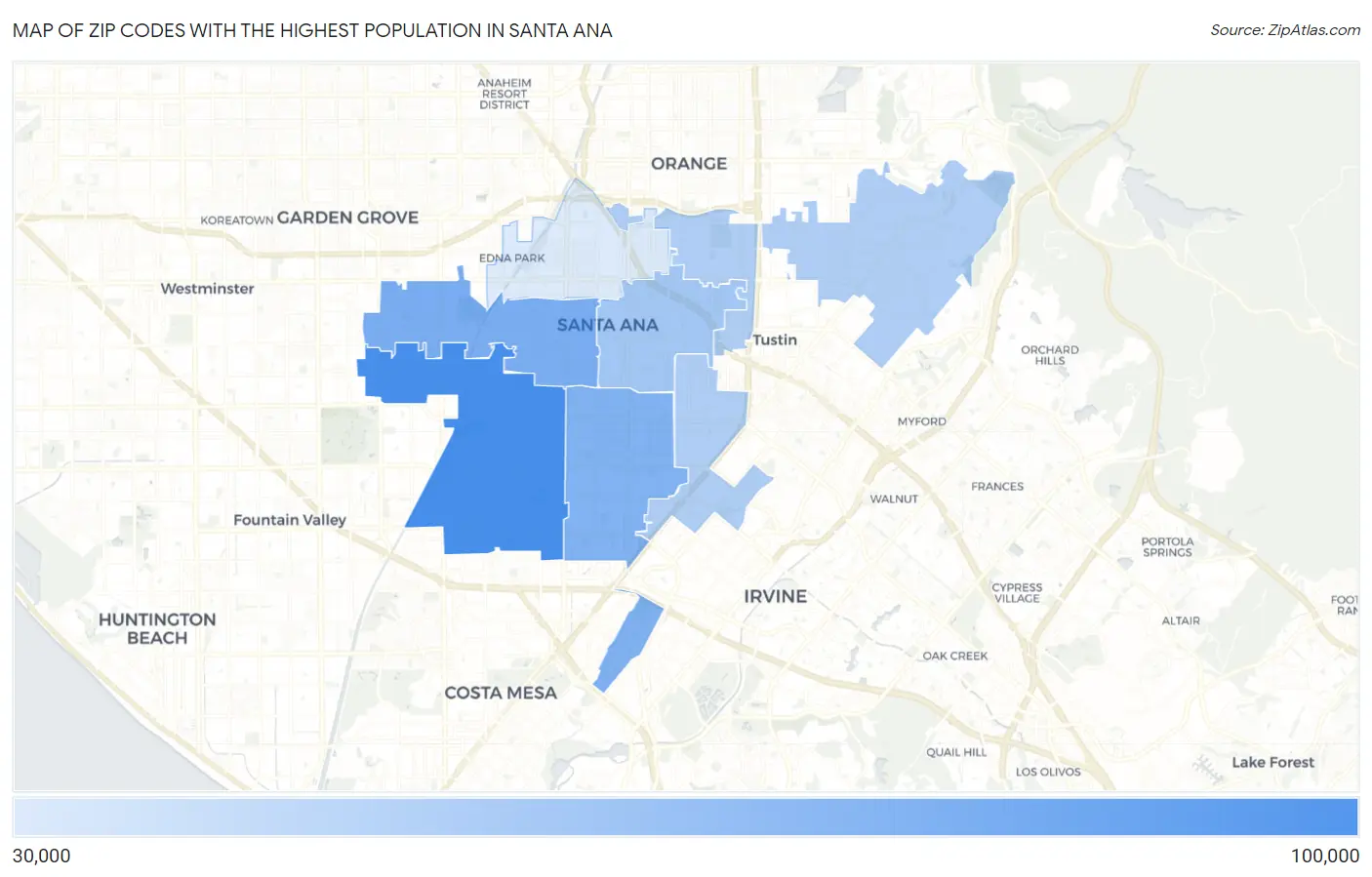 Zip Codes with the Highest Population in Santa Ana Map
