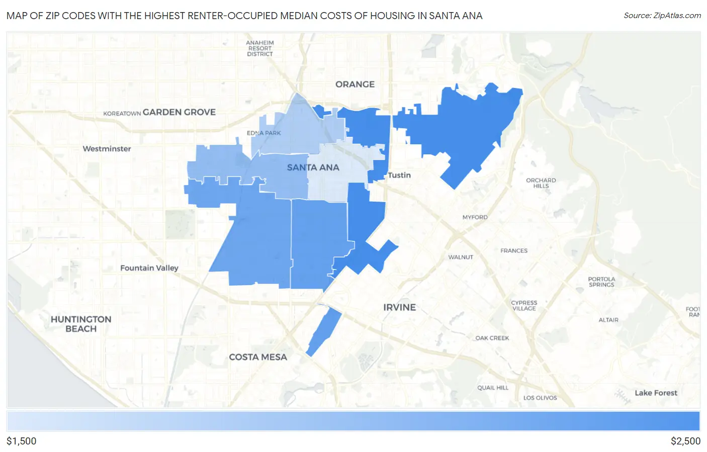 Zip Codes with the Highest Renter-Occupied Median Costs of Housing in Santa Ana Map