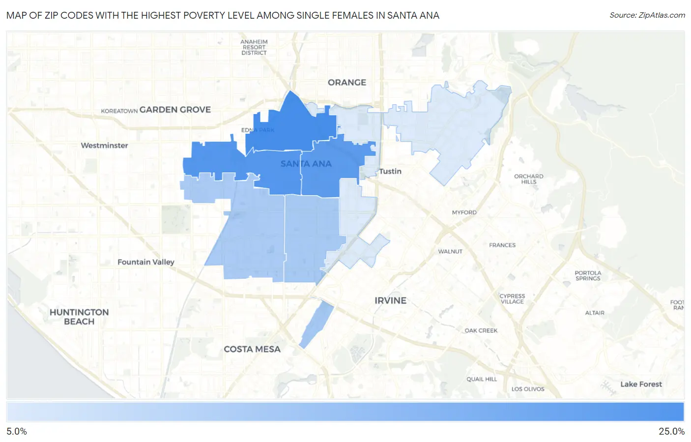 Zip Codes with the Highest Poverty Level Among Single Females in Santa Ana Map