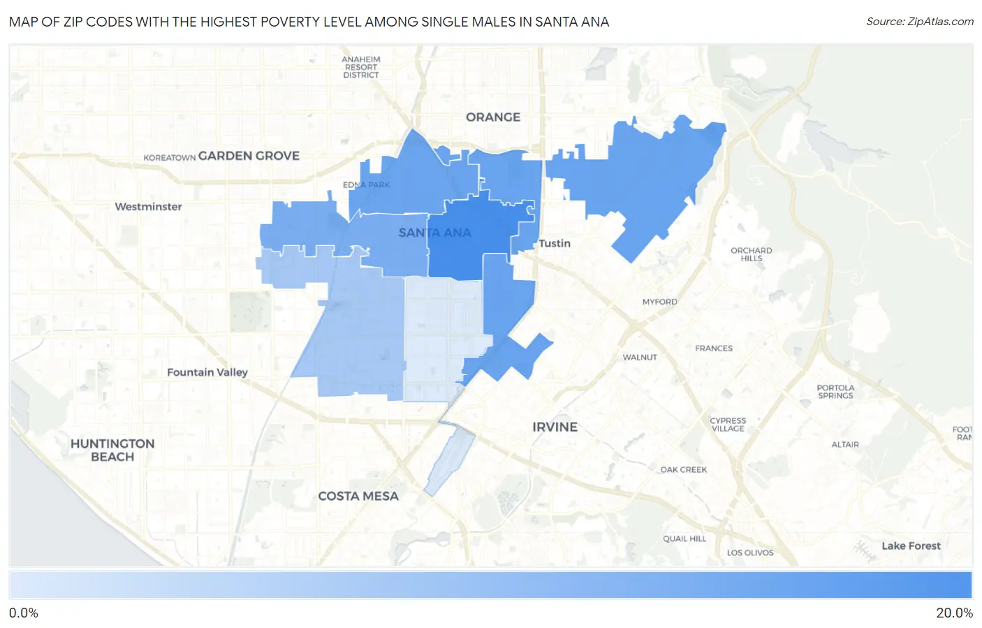 Zip Codes with the Highest Poverty Level Among Single Males in Santa Ana Map