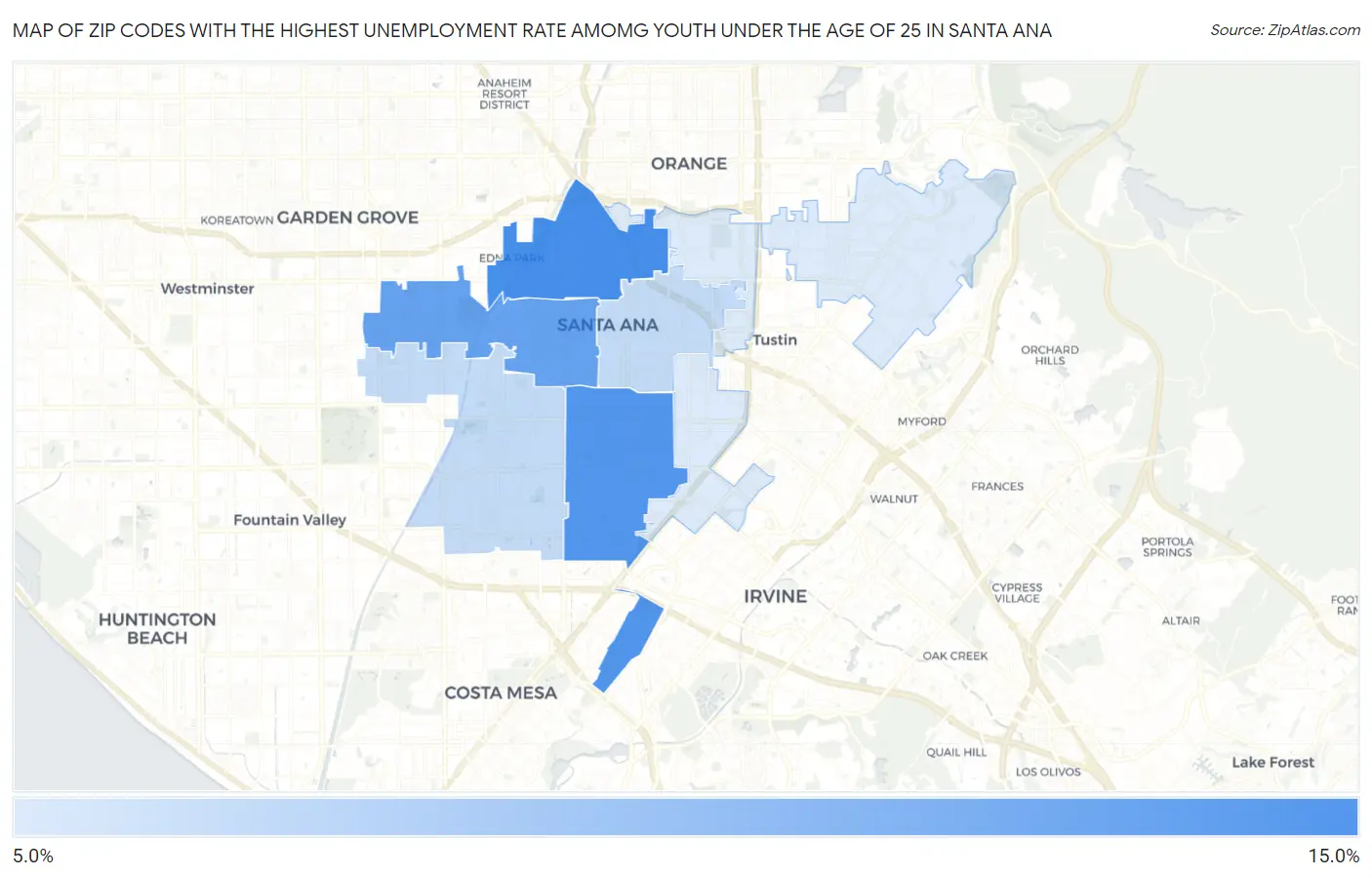Zip Codes with the Highest Unemployment Rate Amomg Youth Under the Age of 25 in Santa Ana Map