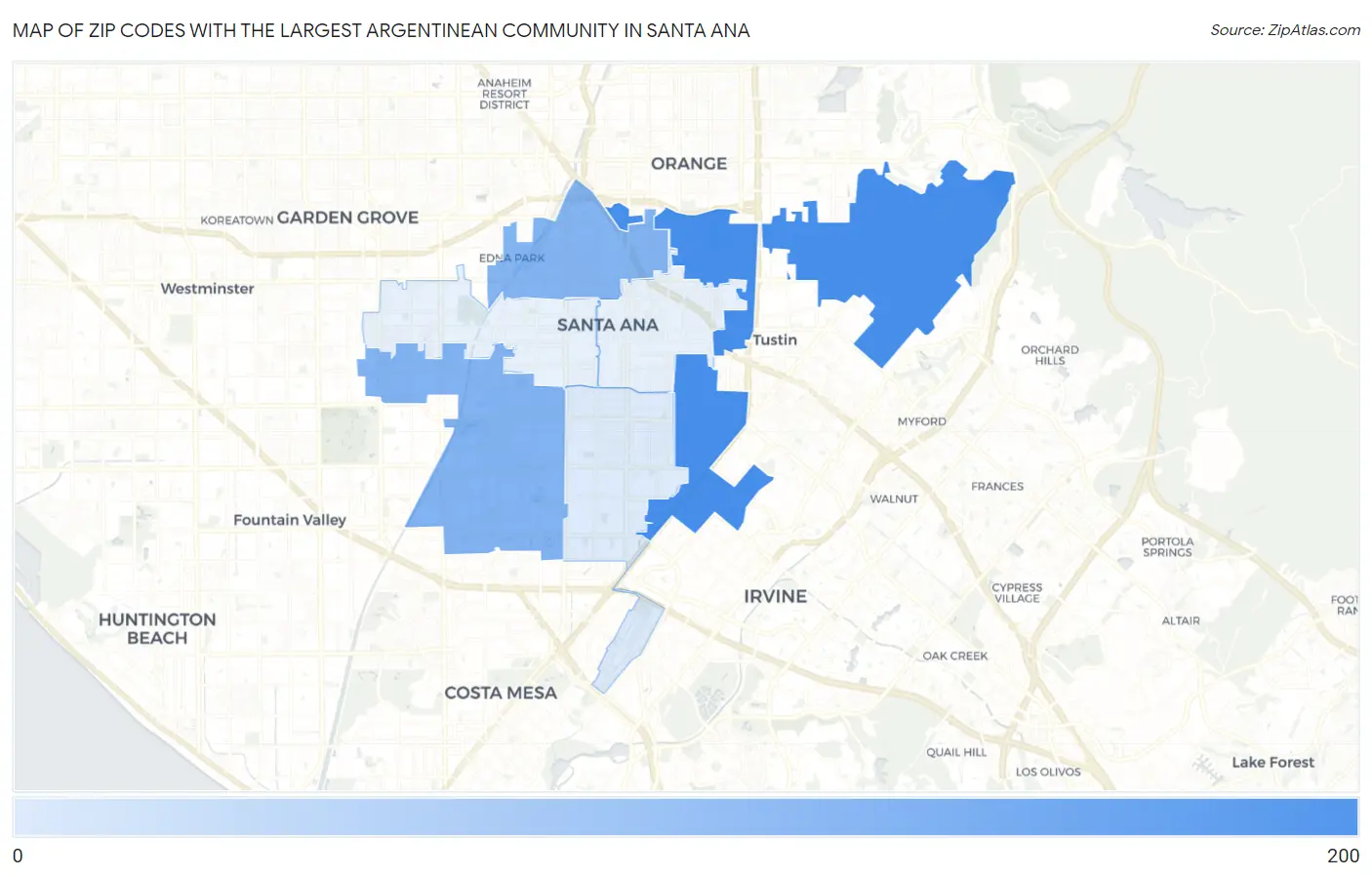 Zip Codes with the Largest Argentinean Community in Santa Ana Map