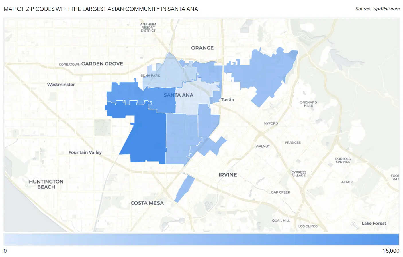 Zip Codes with the Largest Asian Community in Santa Ana Map