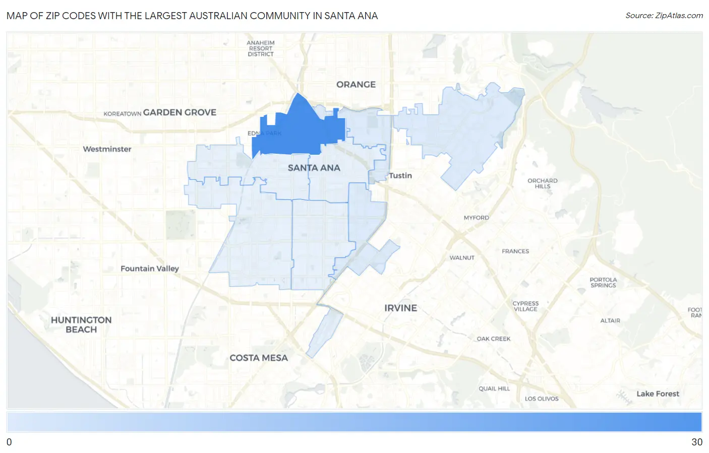 Zip Codes with the Largest Australian Community in Santa Ana Map