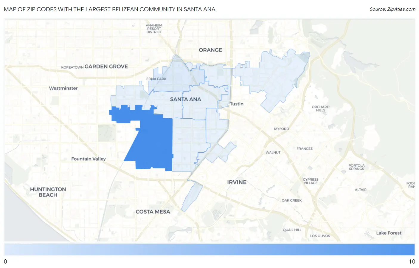 Zip Codes with the Largest Belizean Community in Santa Ana Map