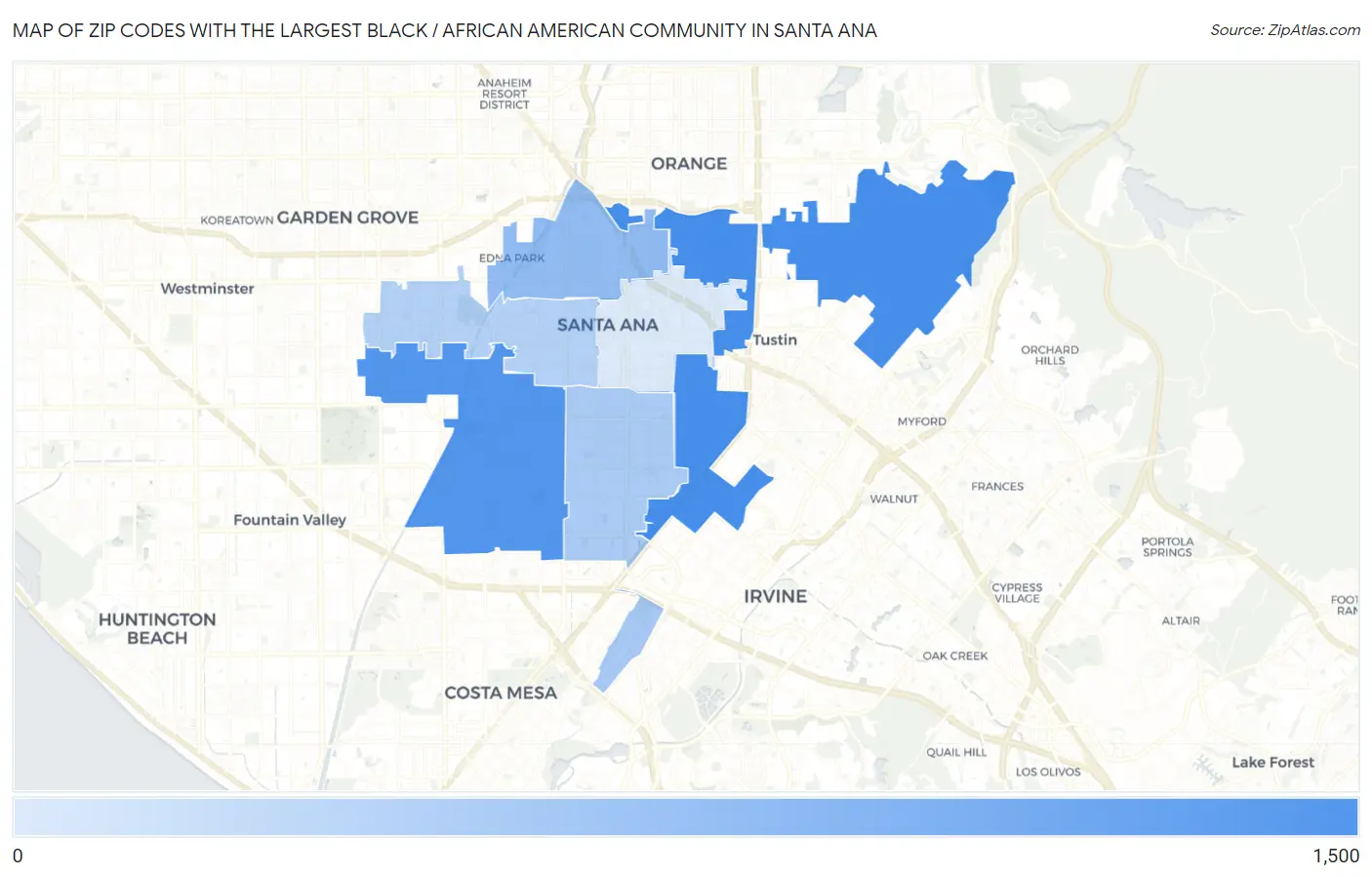 Zip Codes with the Largest Black / African American Community in Santa Ana Map