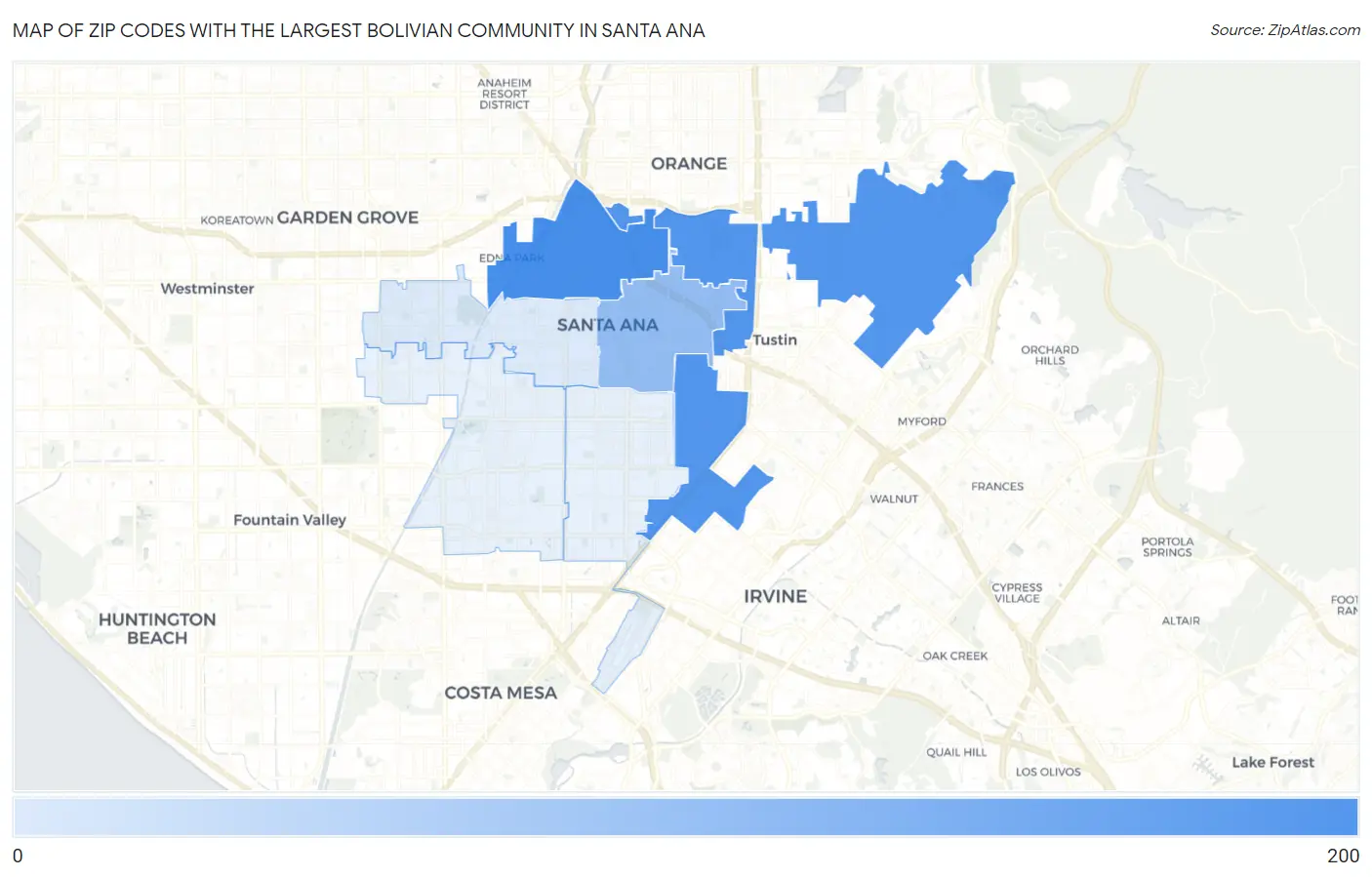 Zip Codes with the Largest Bolivian Community in Santa Ana Map