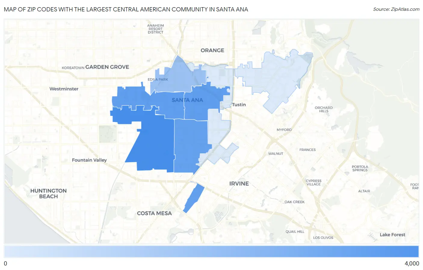 Zip Codes with the Largest Central American Community in Santa Ana Map