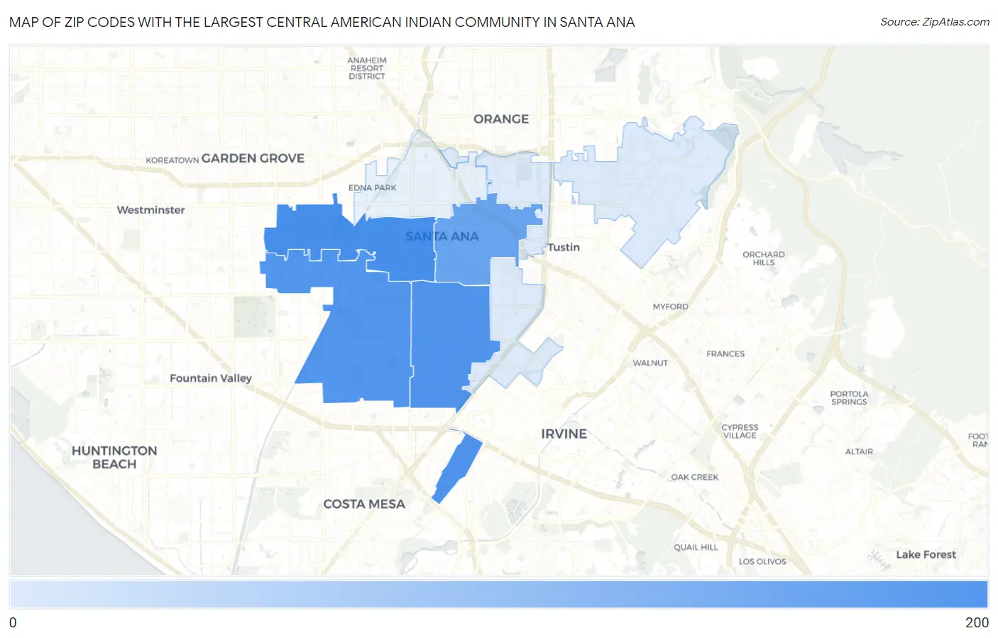 Zip Codes with the Largest Central American Indian Community in Santa Ana Map