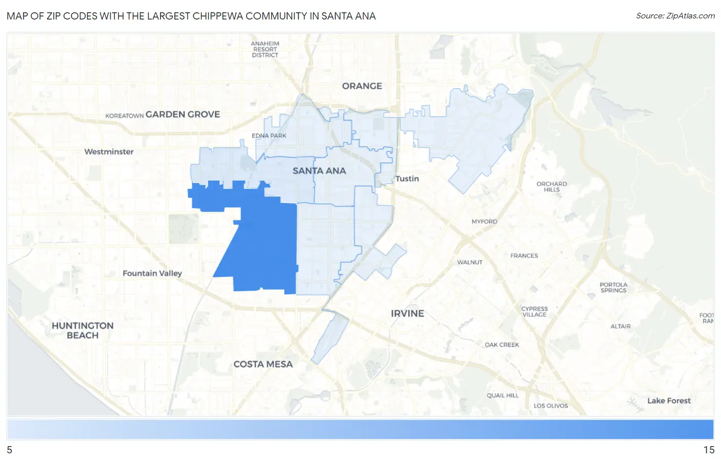 Zip Codes with the Largest Chippewa Community in Santa Ana Map