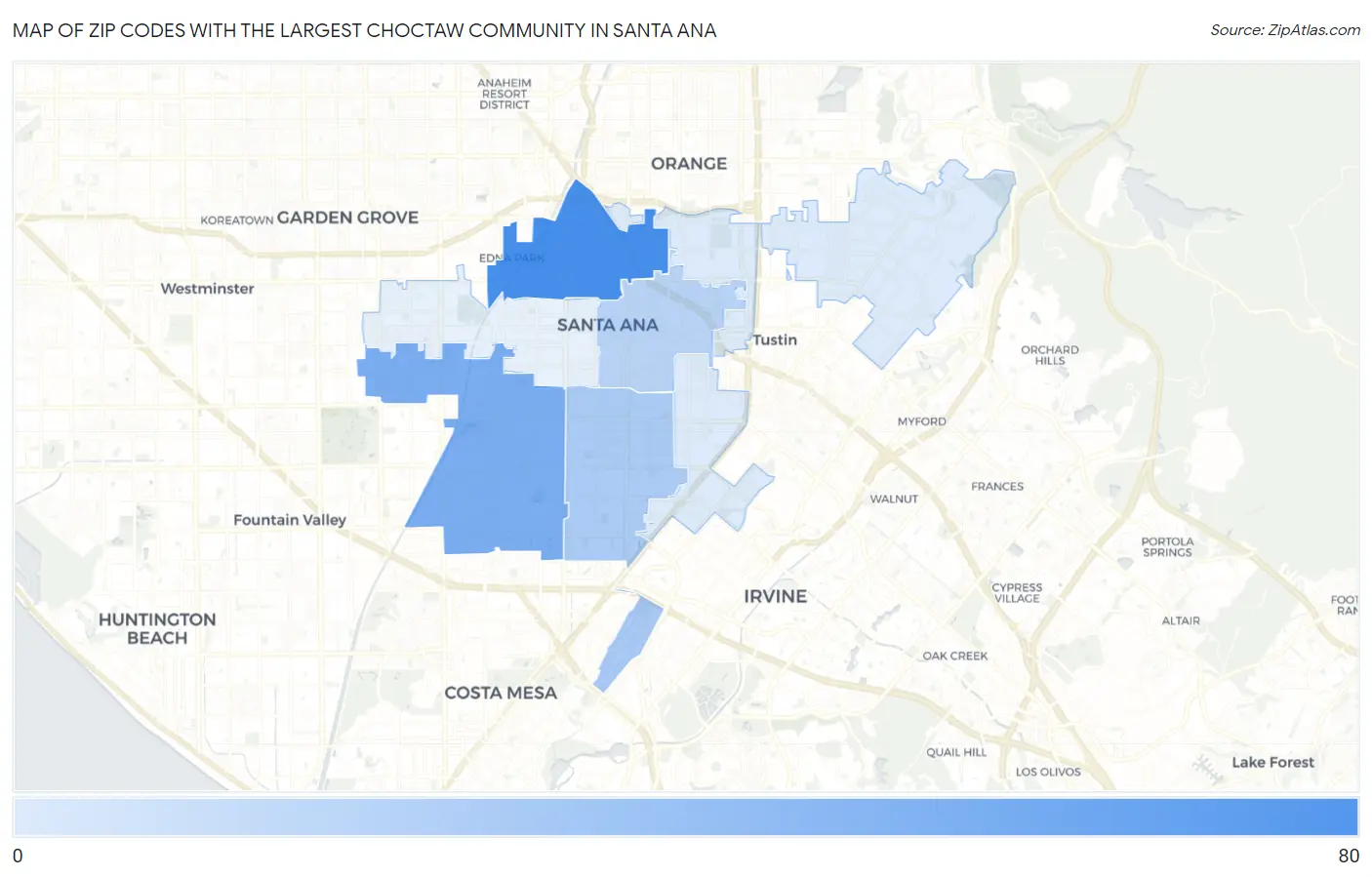 Zip Codes with the Largest Choctaw Community in Santa Ana Map
