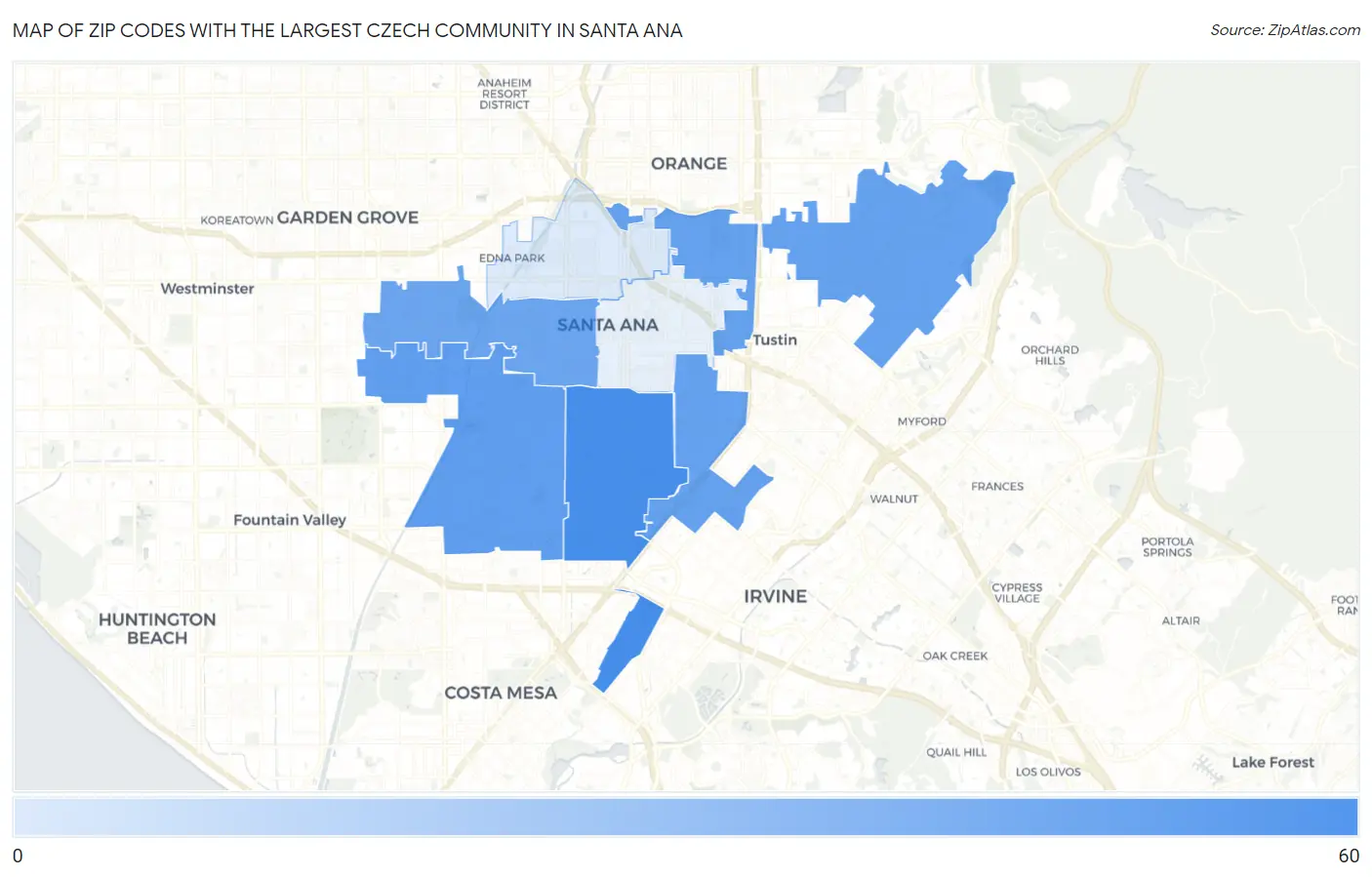 Zip Codes with the Largest Czech Community in Santa Ana Map