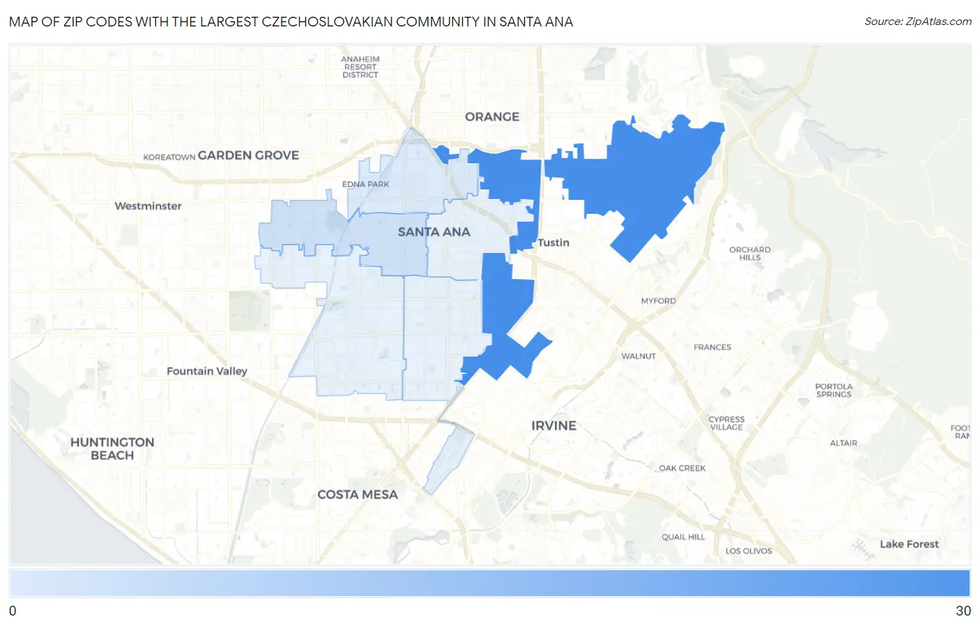 Zip Codes with the Largest Czechoslovakian Community in Santa Ana Map