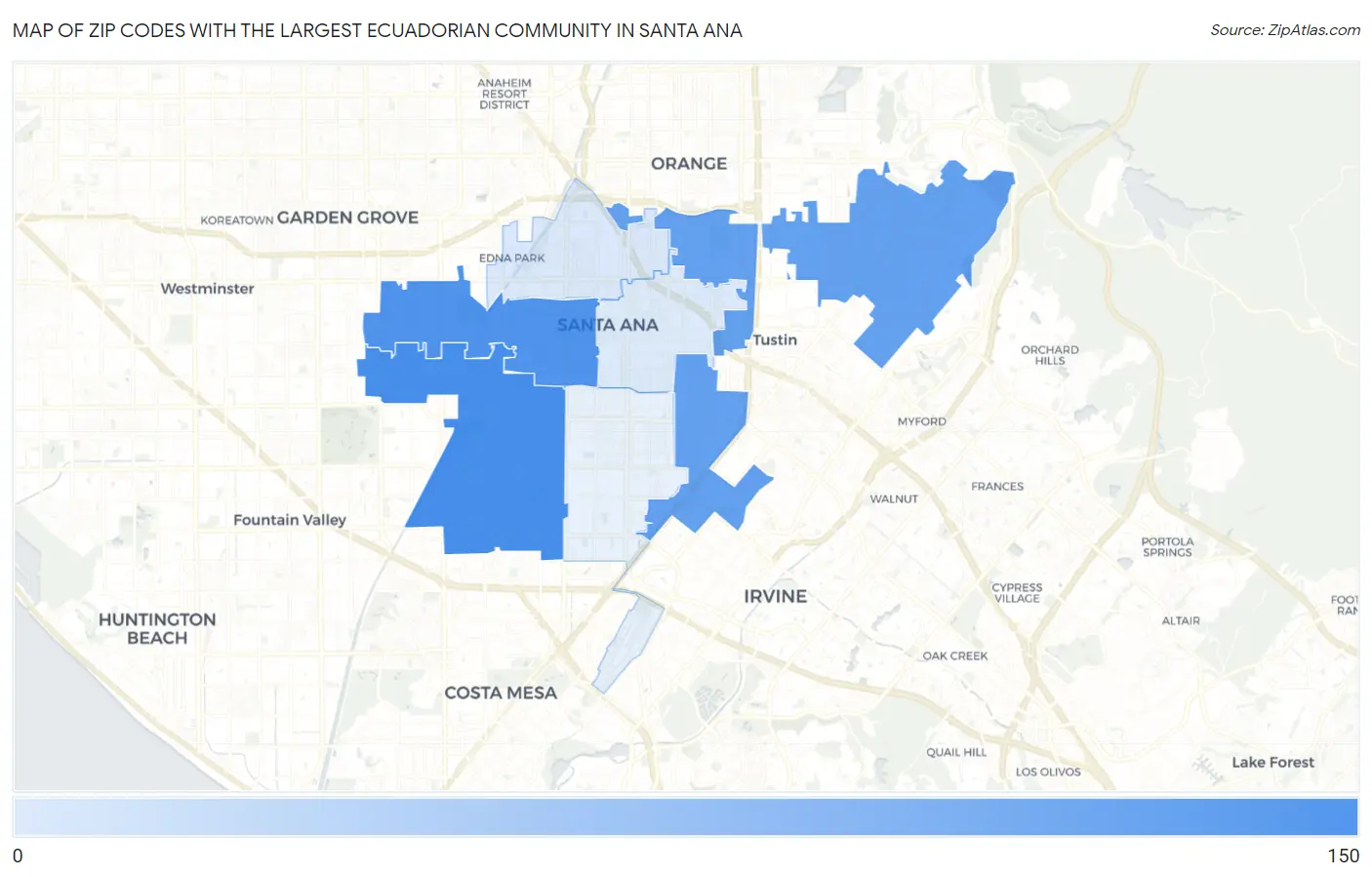 Zip Codes with the Largest Ecuadorian Community in Santa Ana Map