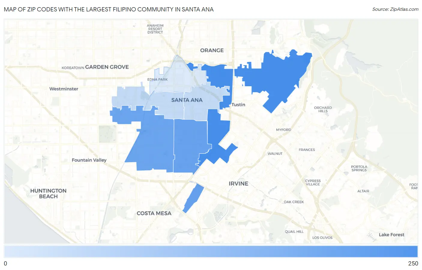 Zip Codes with the Largest Filipino Community in Santa Ana Map