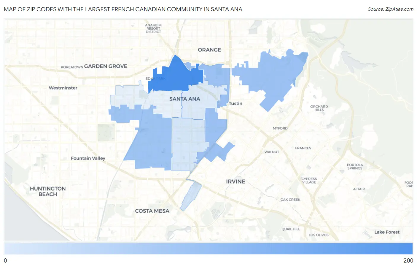 Zip Codes with the Largest French Canadian Community in Santa Ana Map