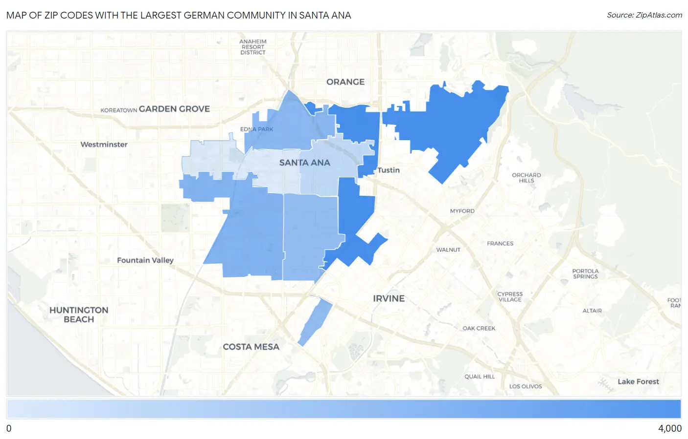 Zip Codes with the Largest German Community in Santa Ana Map