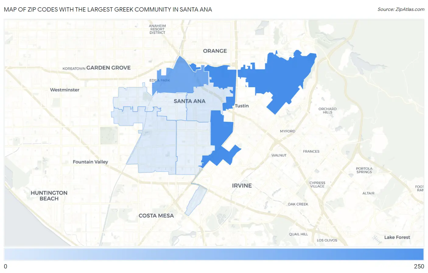 Zip Codes with the Largest Greek Community in Santa Ana Map
