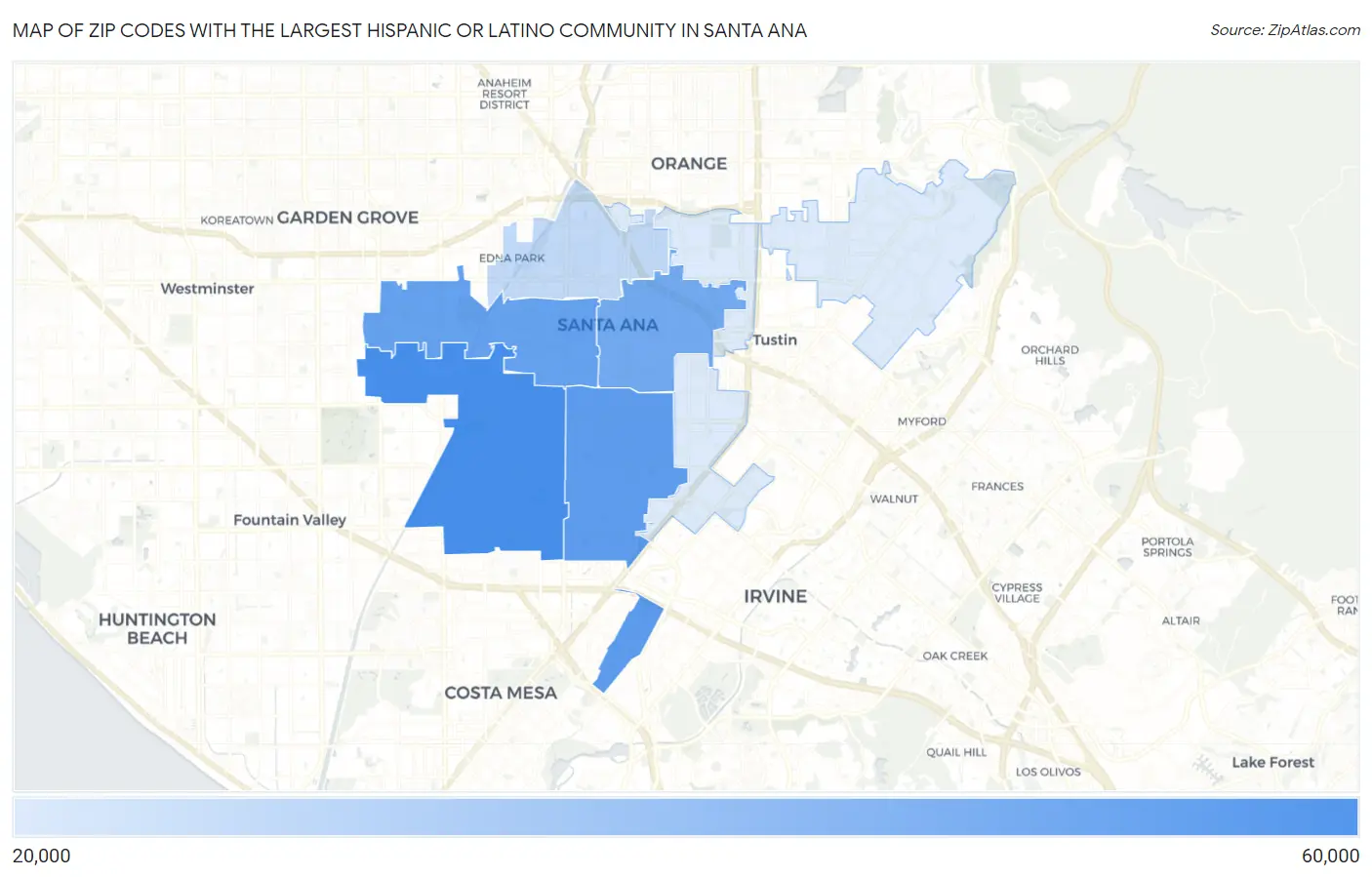 Zip Codes with the Largest Hispanic or Latino Community in Santa Ana Map