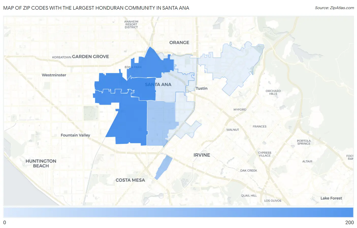 Zip Codes with the Largest Honduran Community in Santa Ana Map