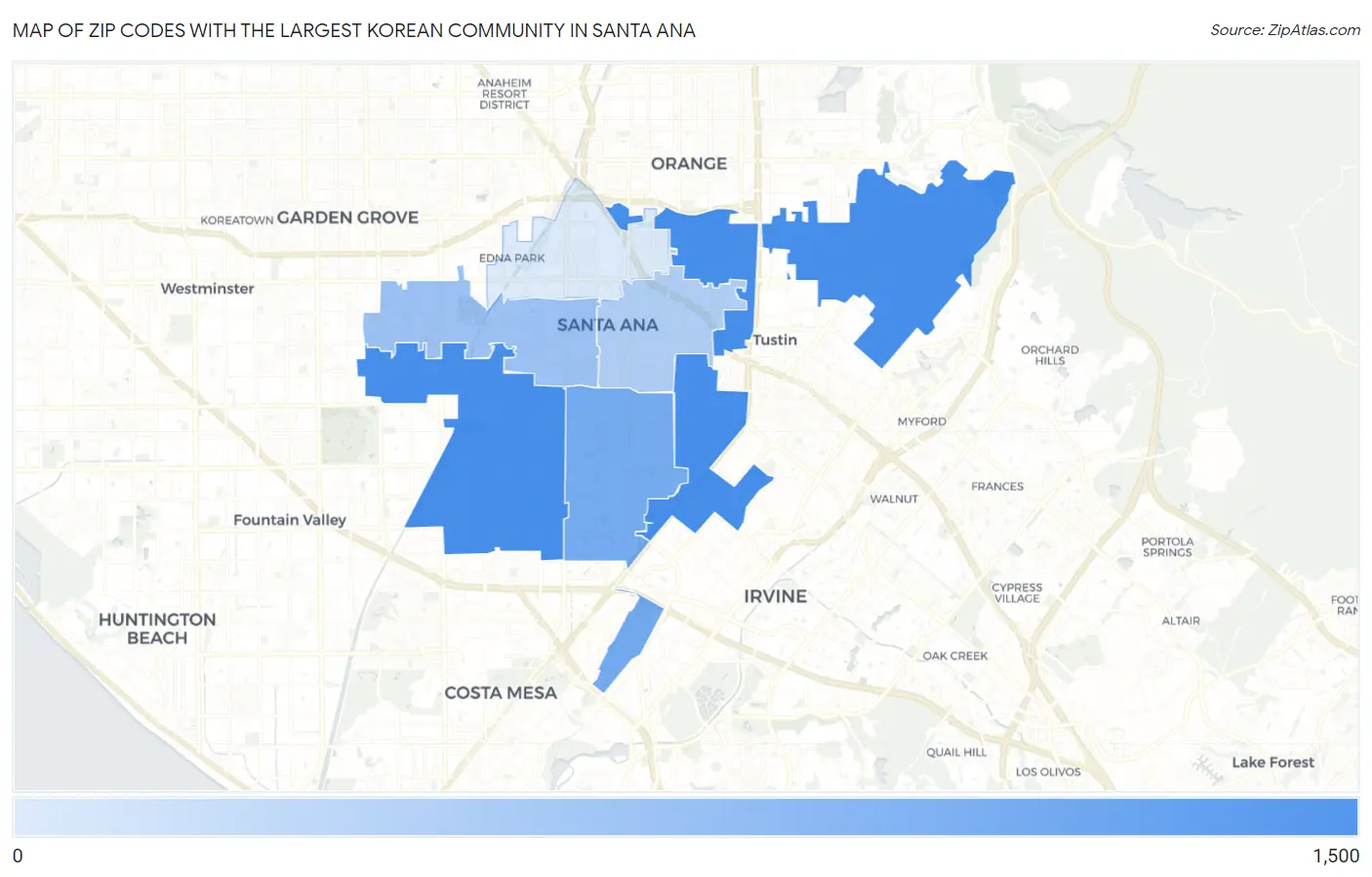 Zip Codes with the Largest Korean Community in Santa Ana Map