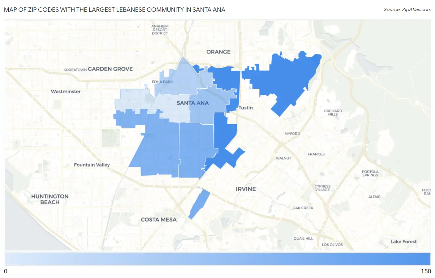 Zip Codes with the Largest Lebanese Community in Santa Ana Map