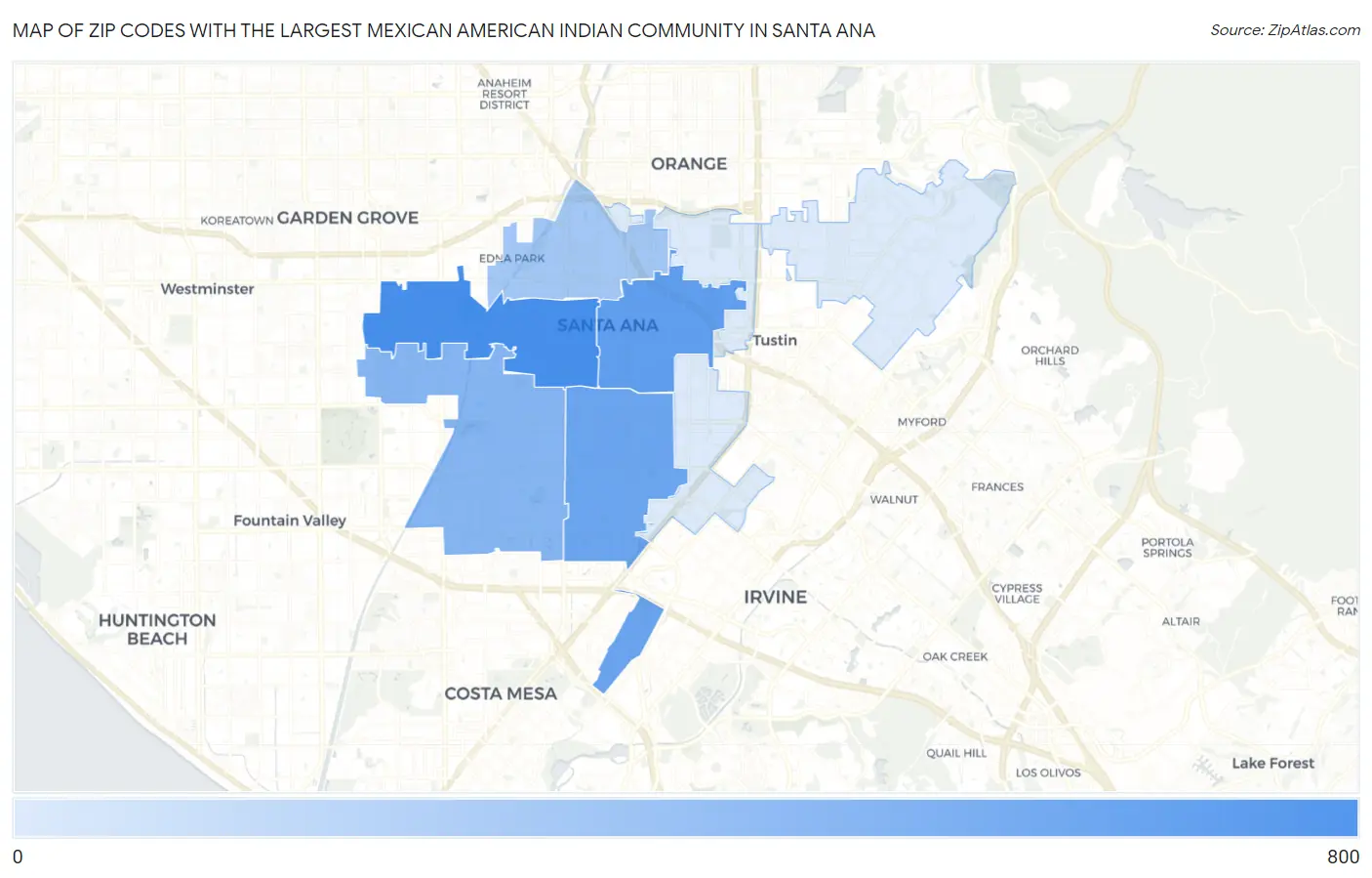 Zip Codes with the Largest Mexican American Indian Community in Santa Ana Map
