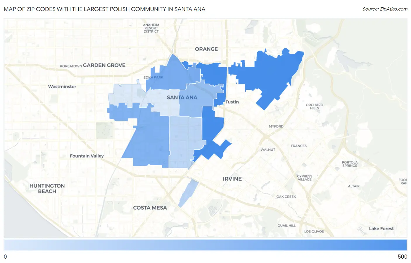 Zip Codes with the Largest Polish Community in Santa Ana Map