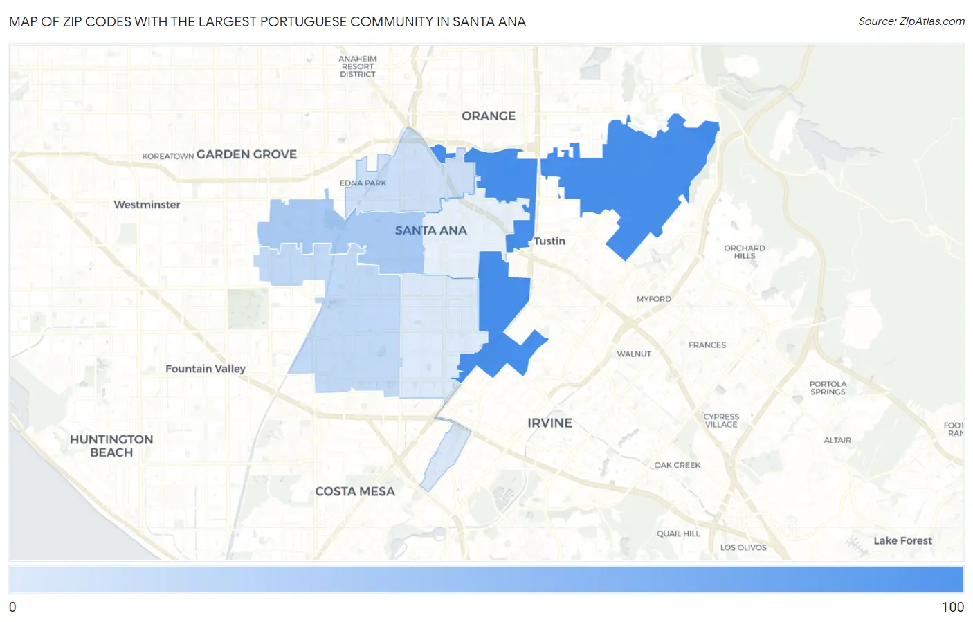 Zip Codes with the Largest Portuguese Community in Santa Ana Map
