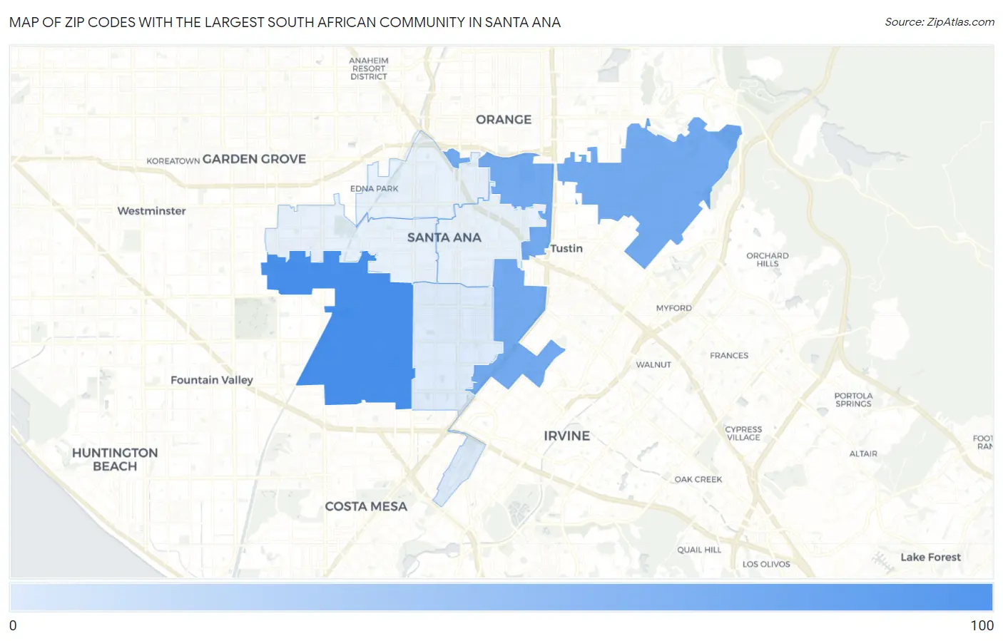 Zip Codes with the Largest South African Community in Santa Ana Map