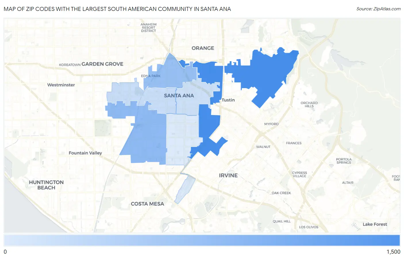 Zip Codes with the Largest South American Community in Santa Ana Map