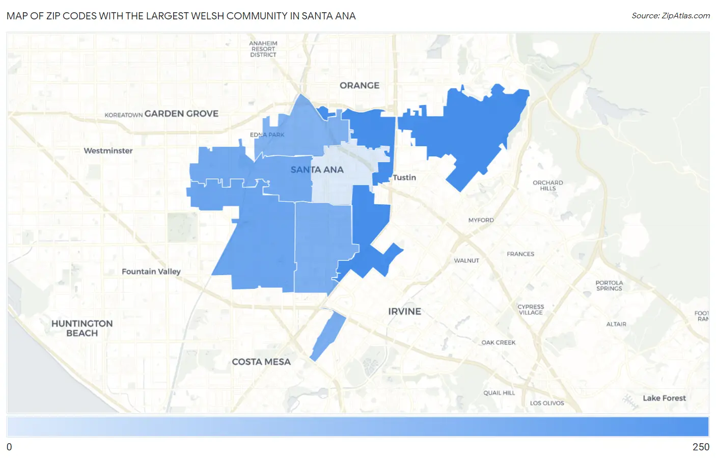 Zip Codes with the Largest Welsh Community in Santa Ana Map