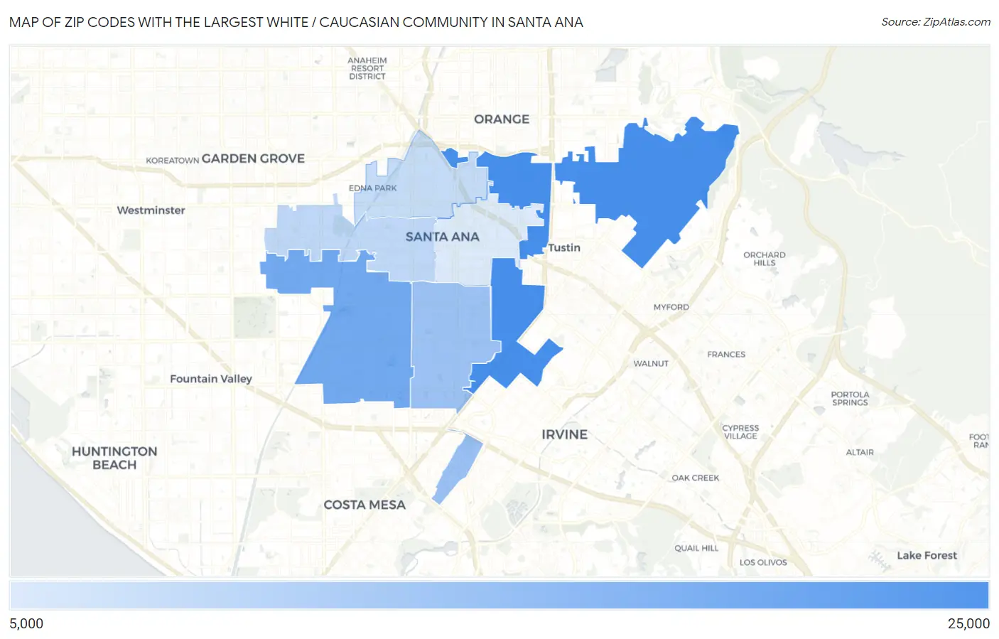 Zip Codes with the Largest White / Caucasian Community in Santa Ana Map