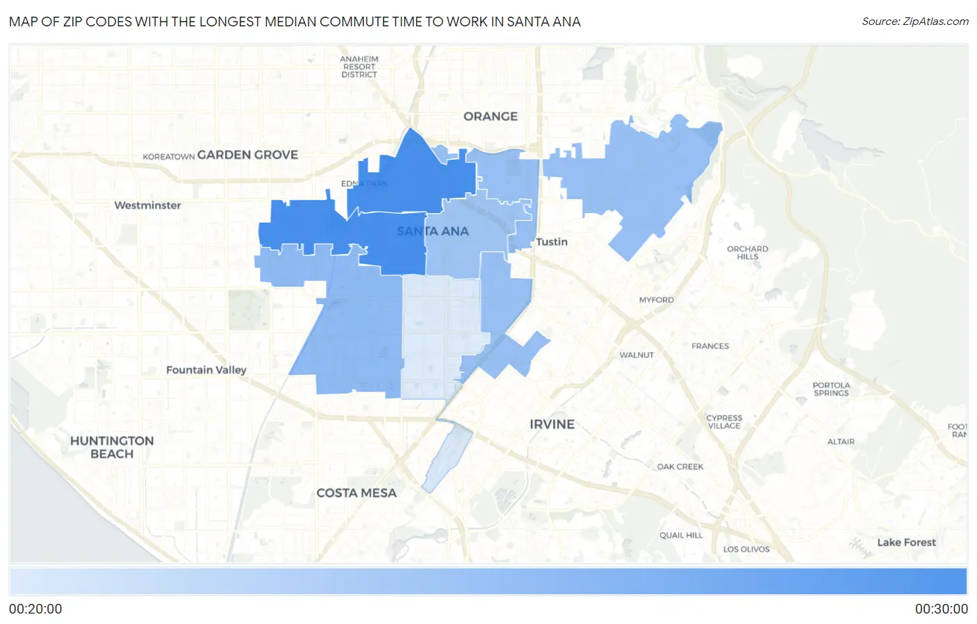 Zip Codes with the Longest Median Commute Time to Work in Santa Ana Map