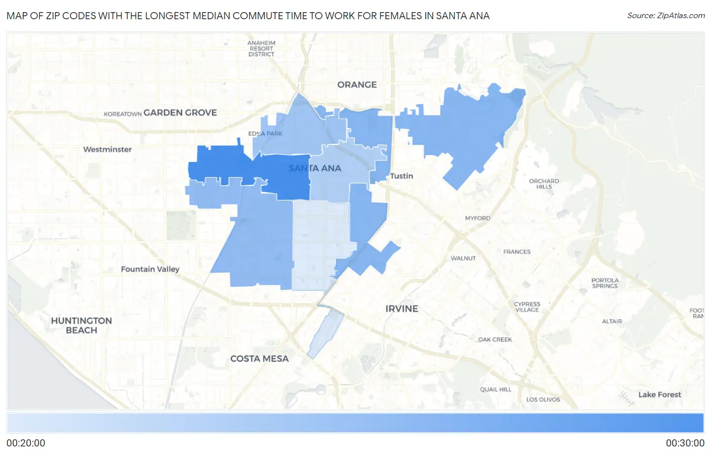 Zip Codes with the Longest Median Commute Time to Work for Females in Santa Ana Map