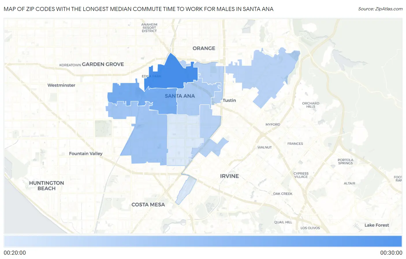Zip Codes with the Longest Median Commute Time to Work for Males in Santa Ana Map