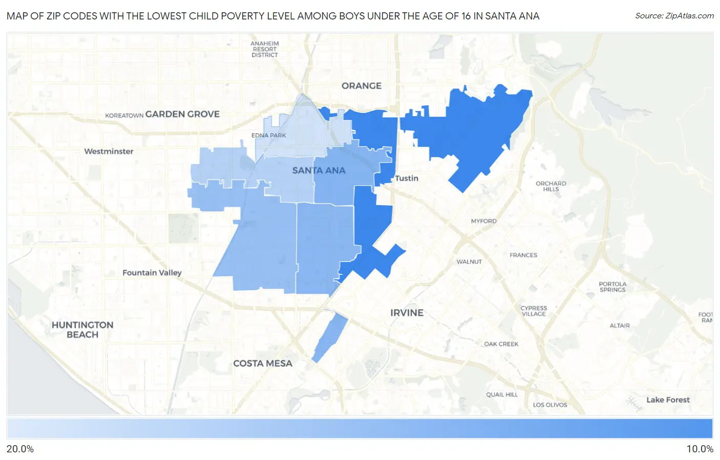 Zip Codes with the Lowest Child Poverty Level Among Boys Under the Age of 16 in Santa Ana Map