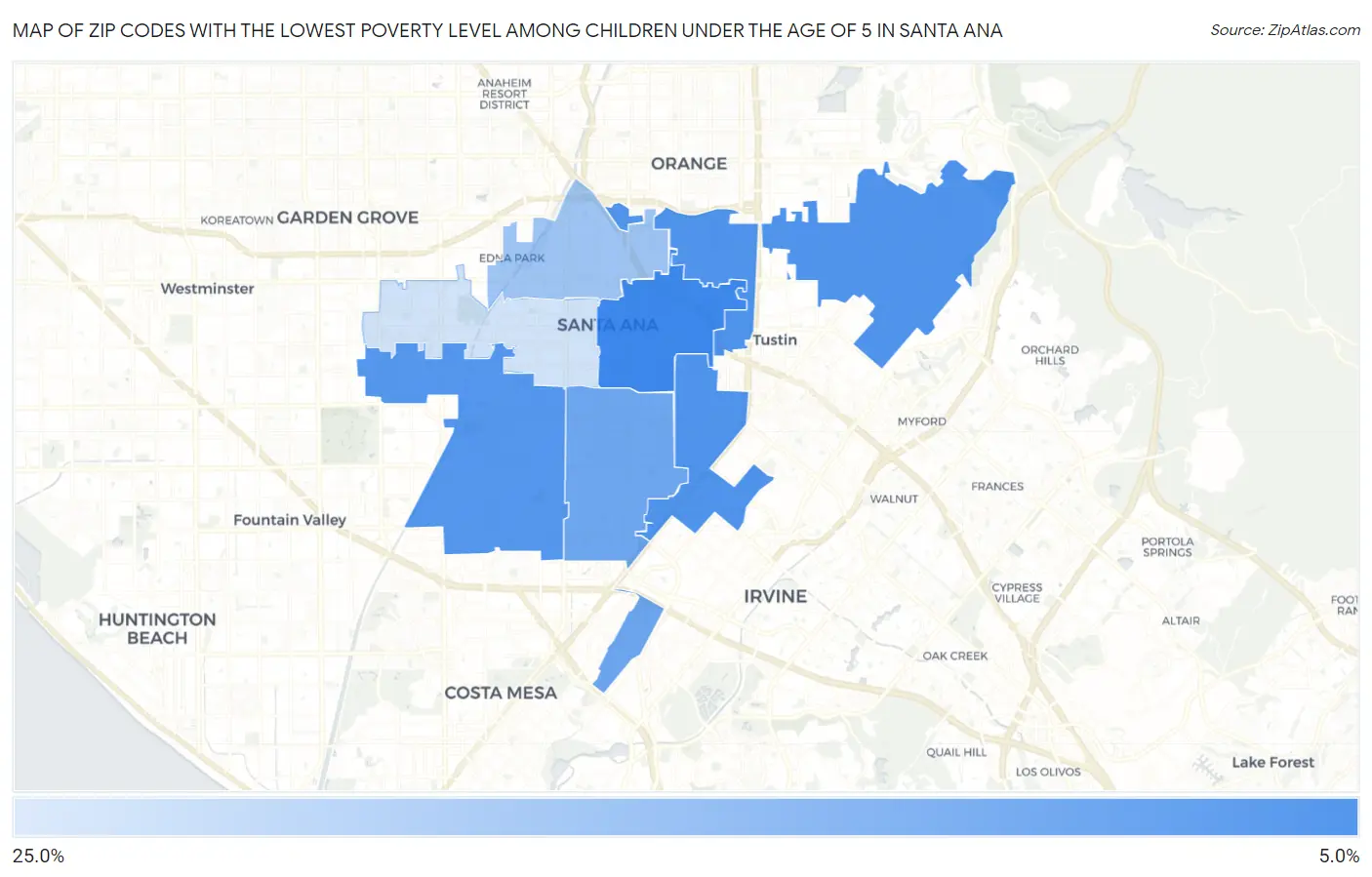 Zip Codes with the Lowest Poverty Level Among Children Under the Age of 5 in Santa Ana Map