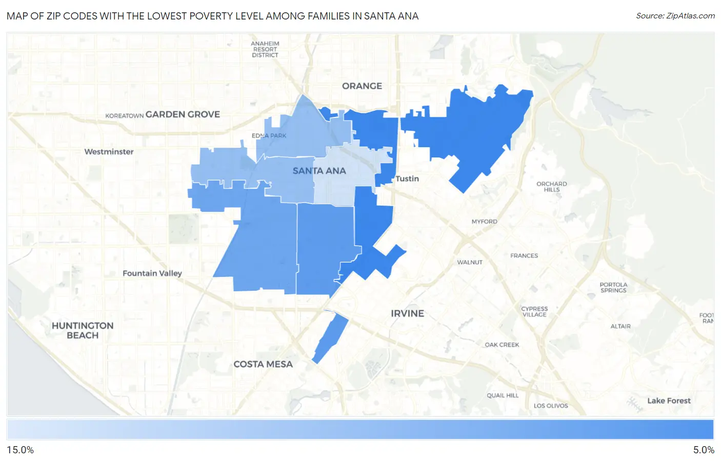 Zip Codes with the Lowest Poverty Level Among Families in Santa Ana Map