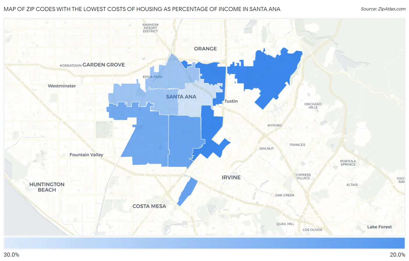 Zip Codes with the Lowest Costs of Housing as Percentage of Income in Santa Ana Map
