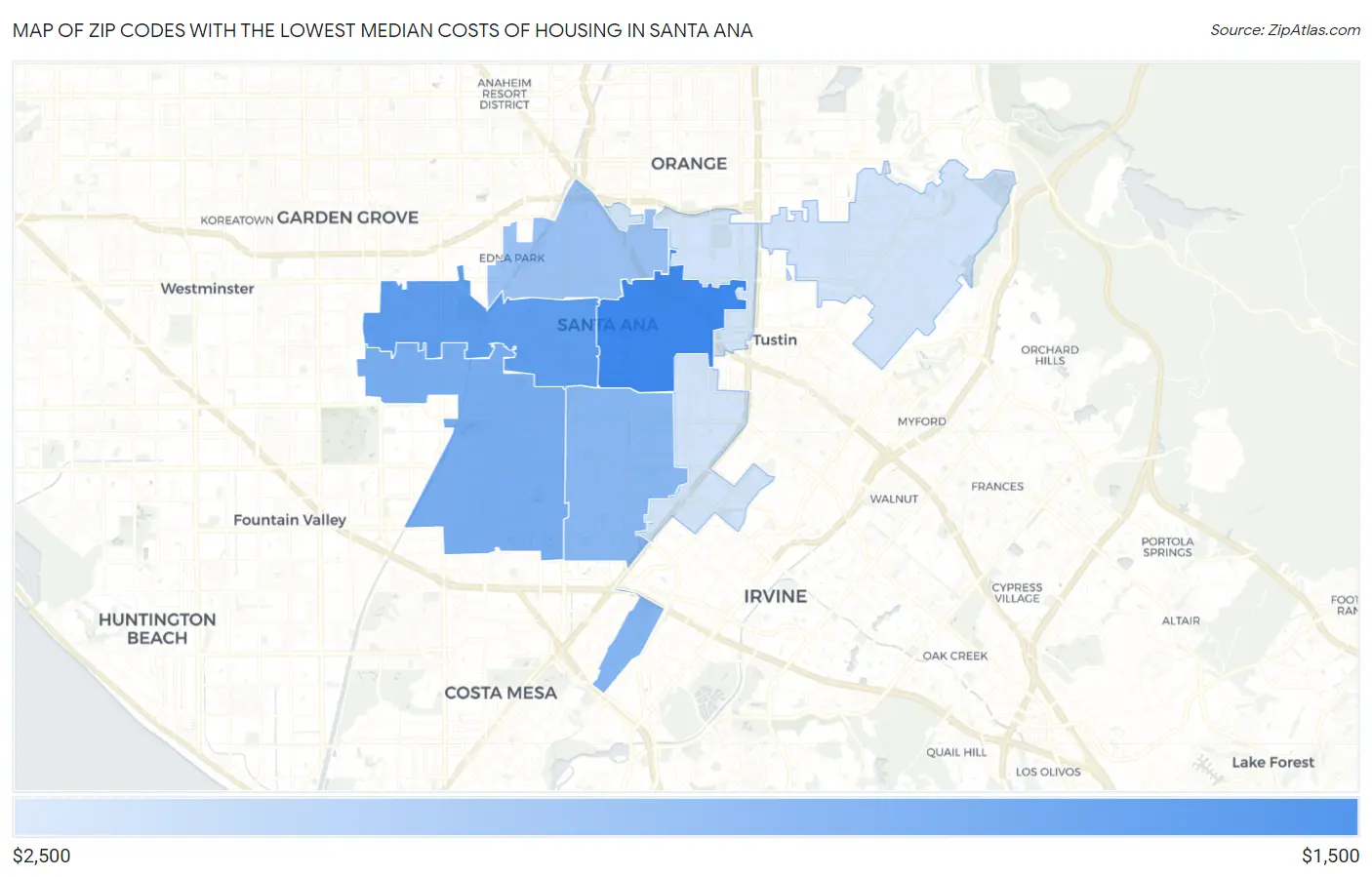 Zip Codes with the Lowest Median Costs of Housing in Santa Ana Map