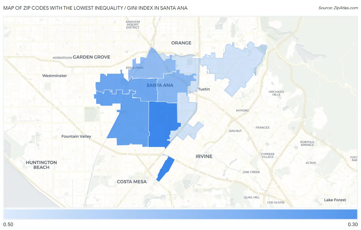 Zip Codes with the Lowest Inequality / Gini Index in Santa Ana Map