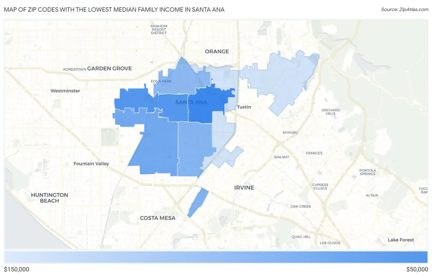 Zip Codes with the Lowest Median Family Income in Santa Ana Map