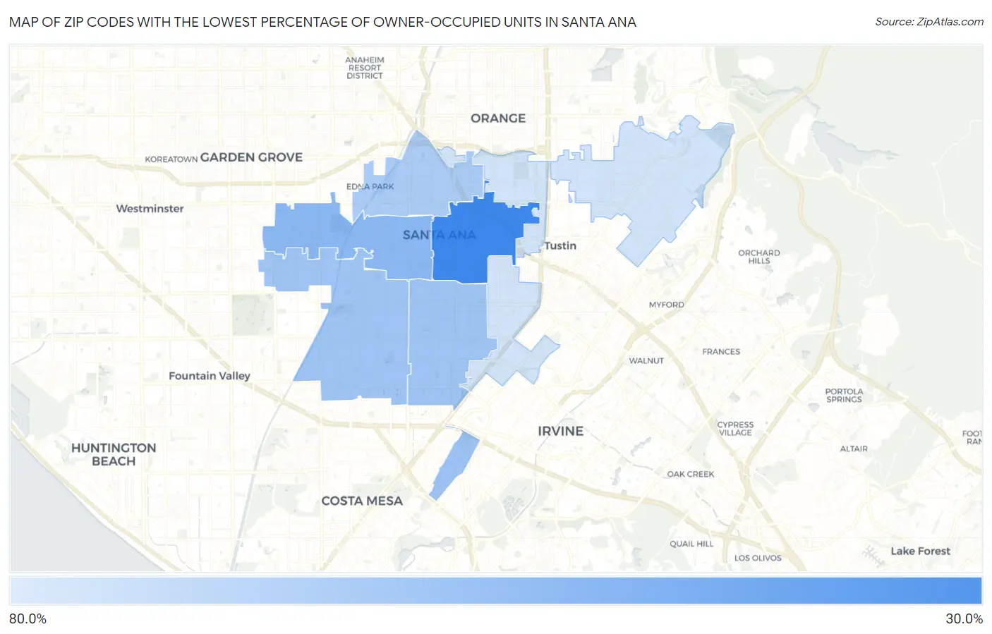 Zip Codes with the Lowest Percentage of Owner-Occupied Units in Santa Ana Map